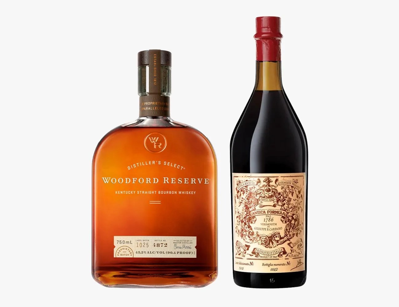 bottles of woodford reserve bourbon and antica formula sweet vermouth next to each other