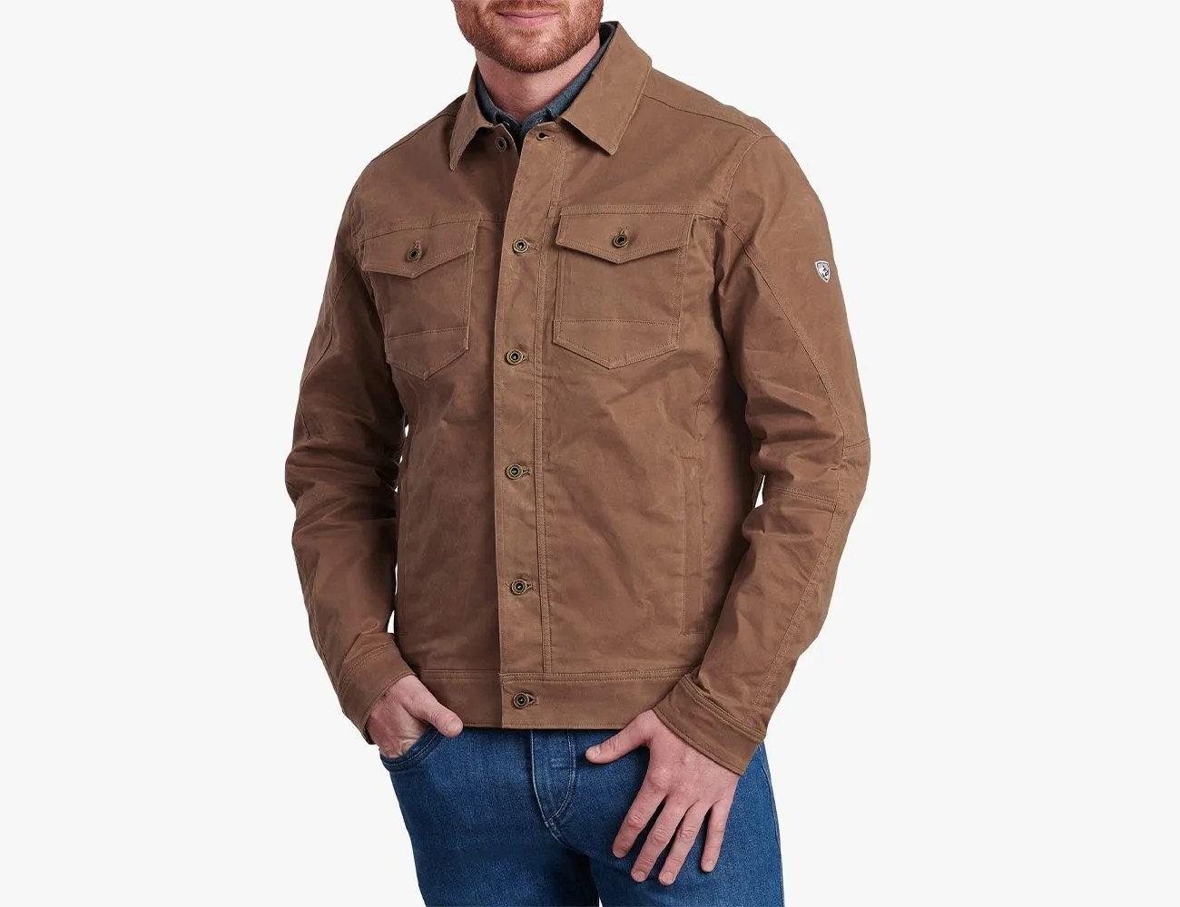 a man wearing a brown jacket