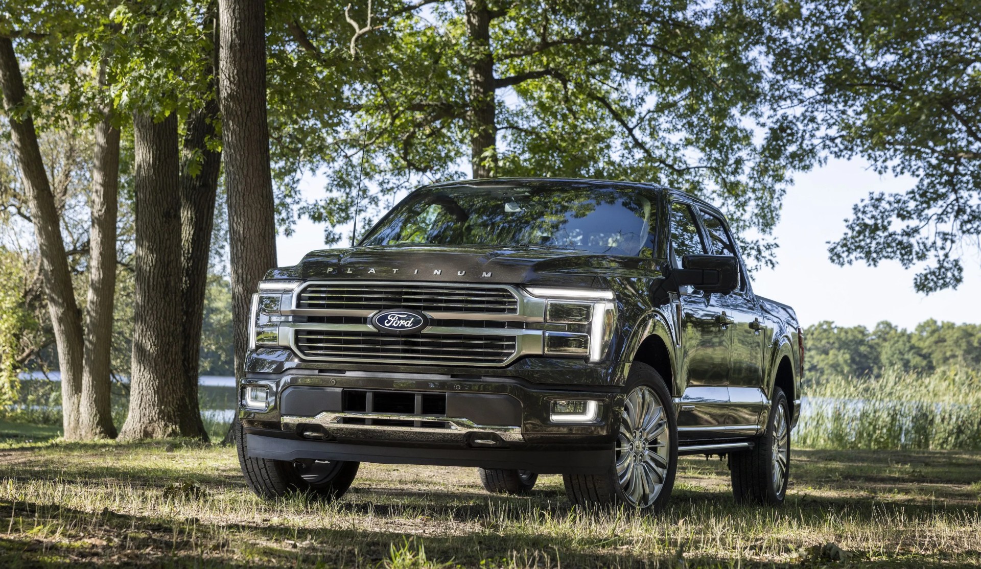 ford f150 powerboost parked in the woods