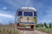 rear of airstream trailer ascending a hill