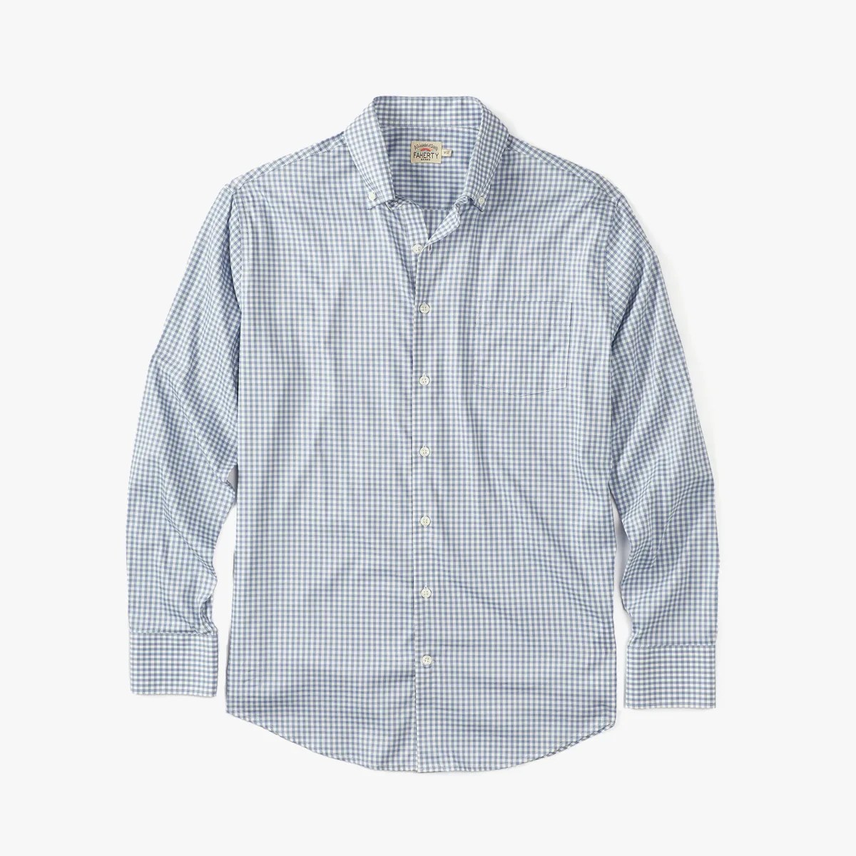 Faherty The Movement Performance dress shirt in blue check pattern lying flat on white background