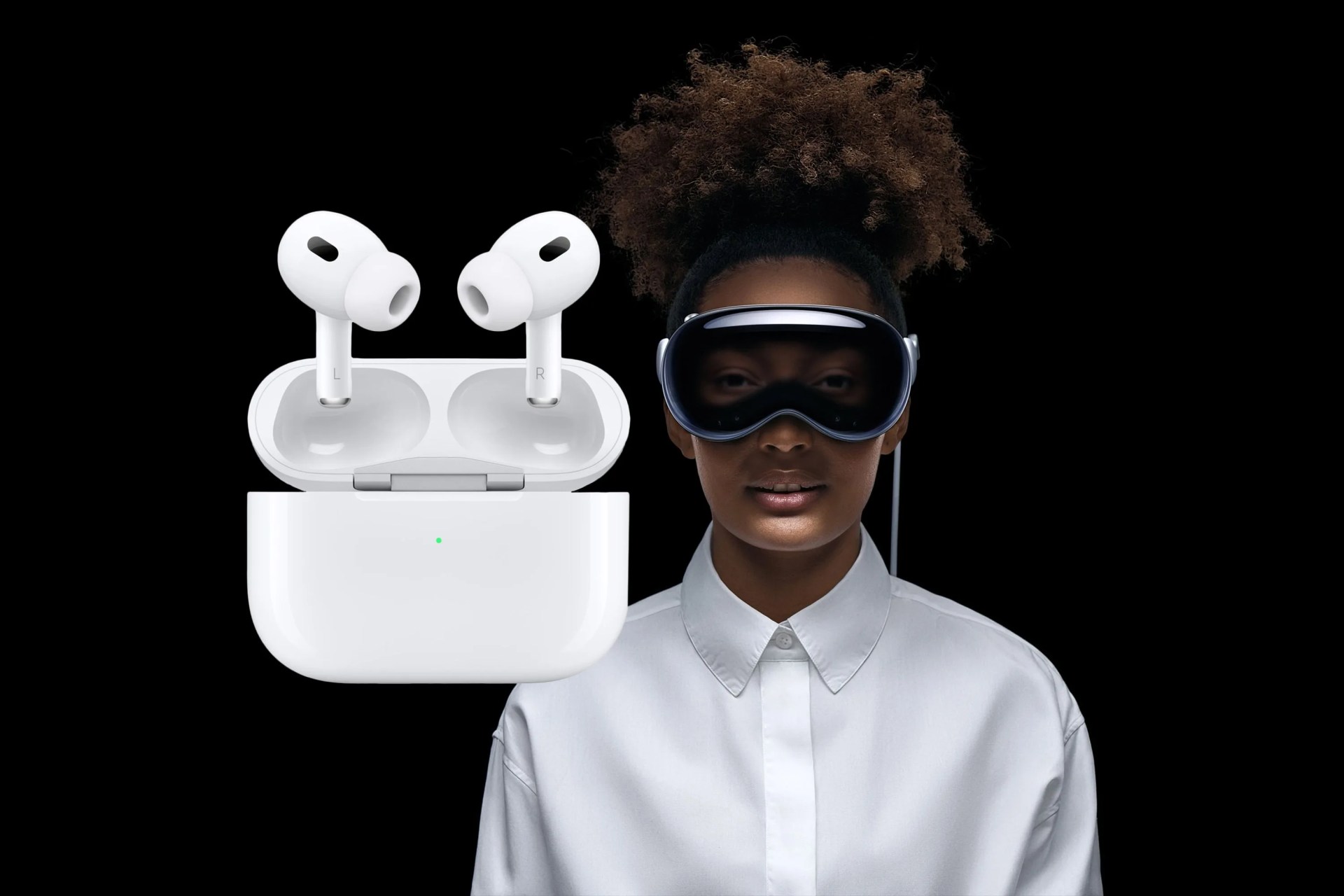 airpods pro next to a woman wearing an apple vision pro