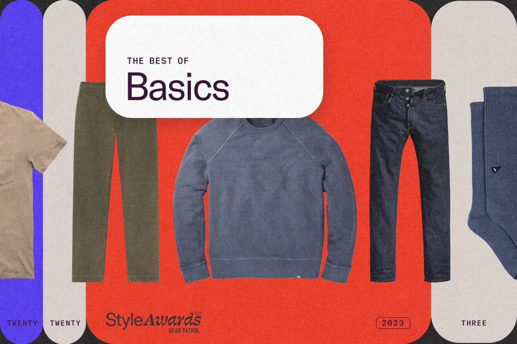 tshirt, pants, socks, and a sweatshirt on a graphic background with a title card that says the best of basics