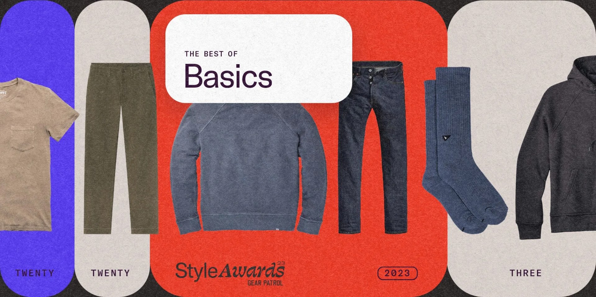 tshirt, pants, socks, and a sweatshirt on a graphic background with a title card that says the best of basics