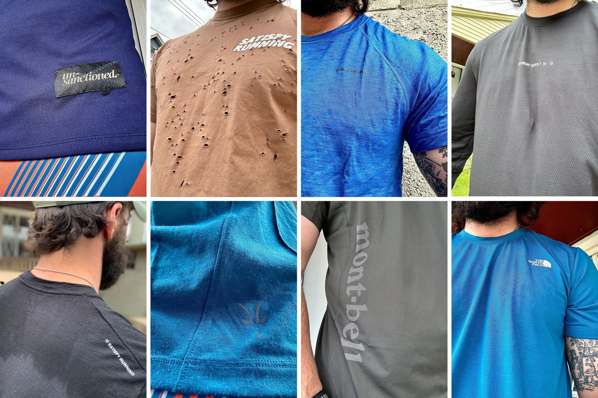 collage of a man testing running shirts