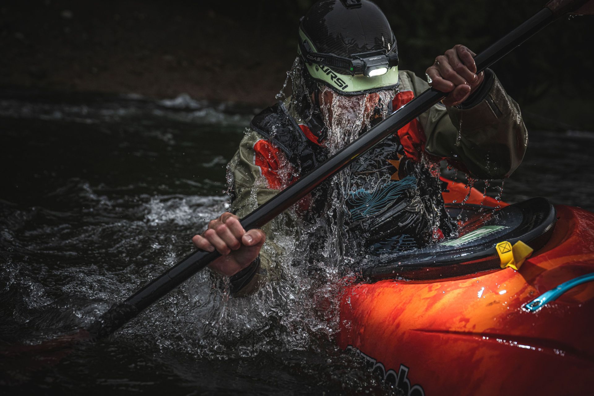 man paddling at night wearing coast innovative led flashlight