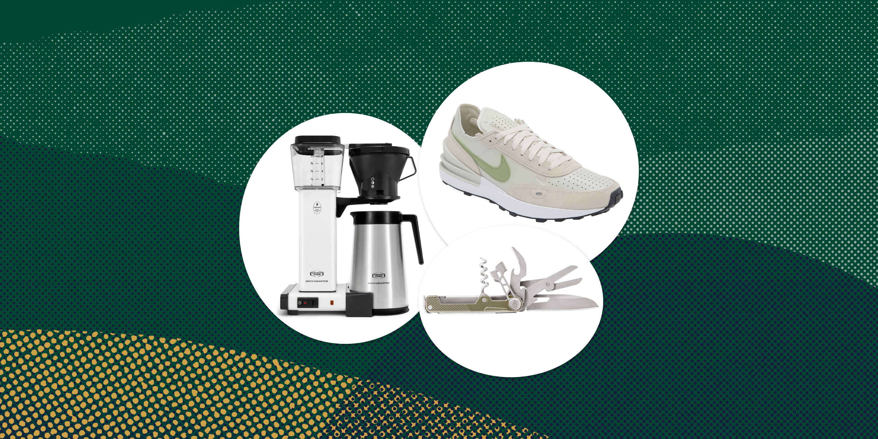 collage of a coffee maker, a shoe, and a knife