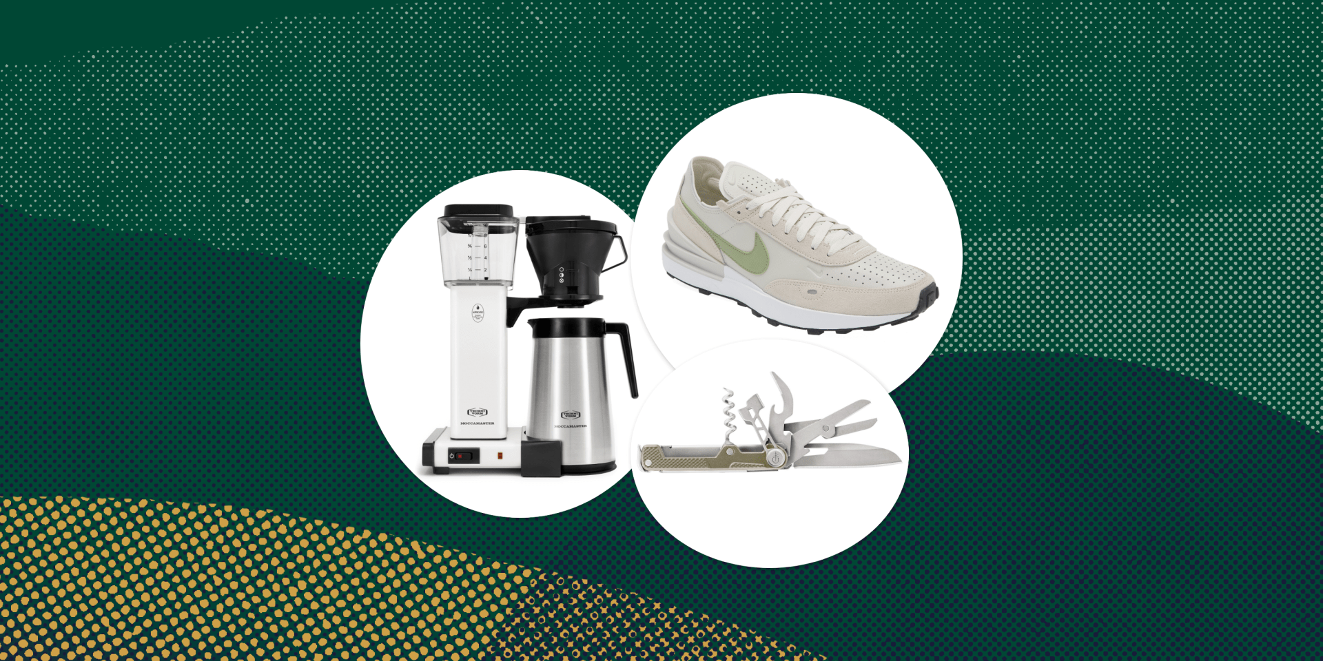 collage of a coffee maker, a shoe, and a knife
