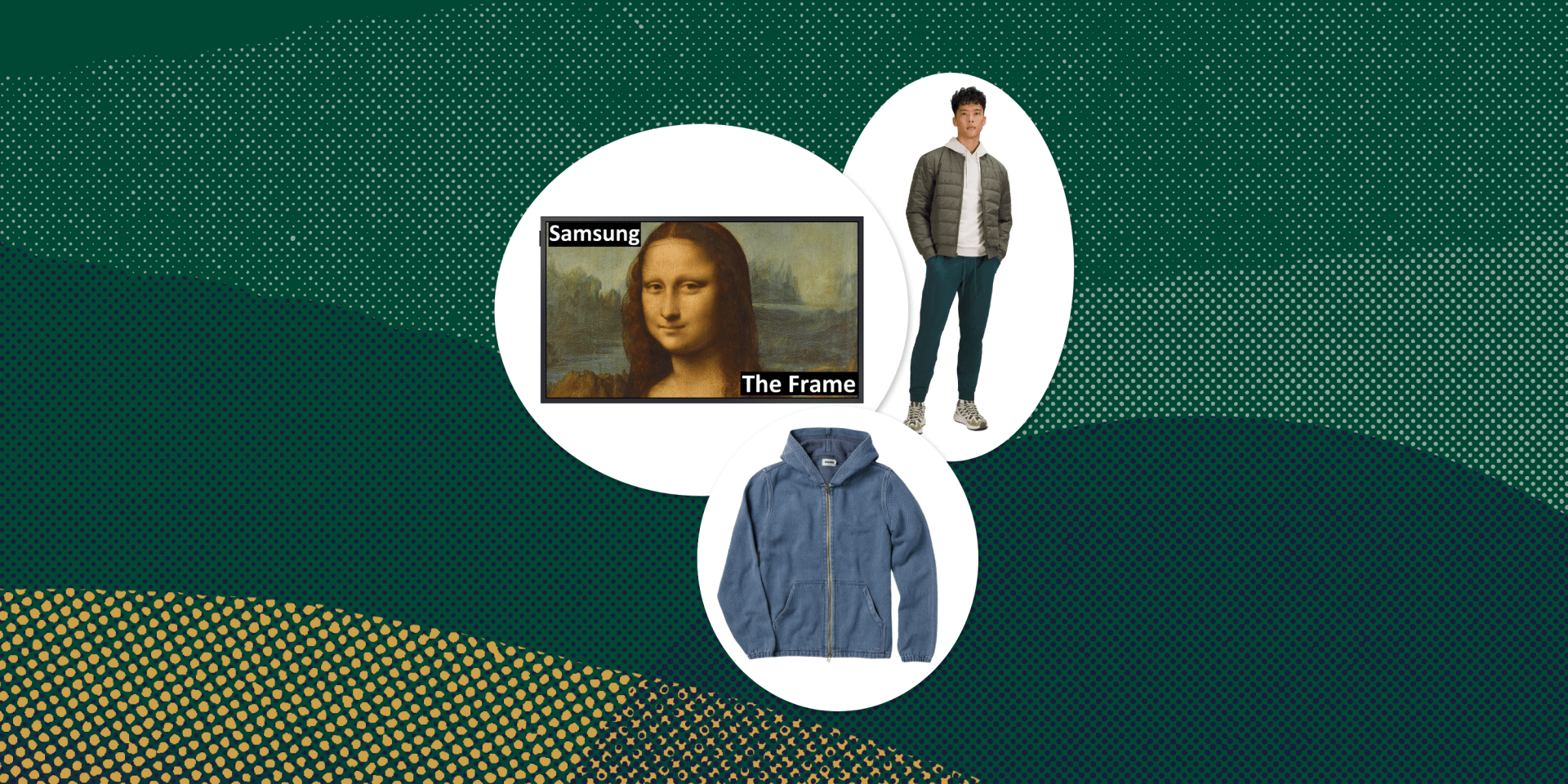 collage of a man standing, a hooded jacket, and a tv