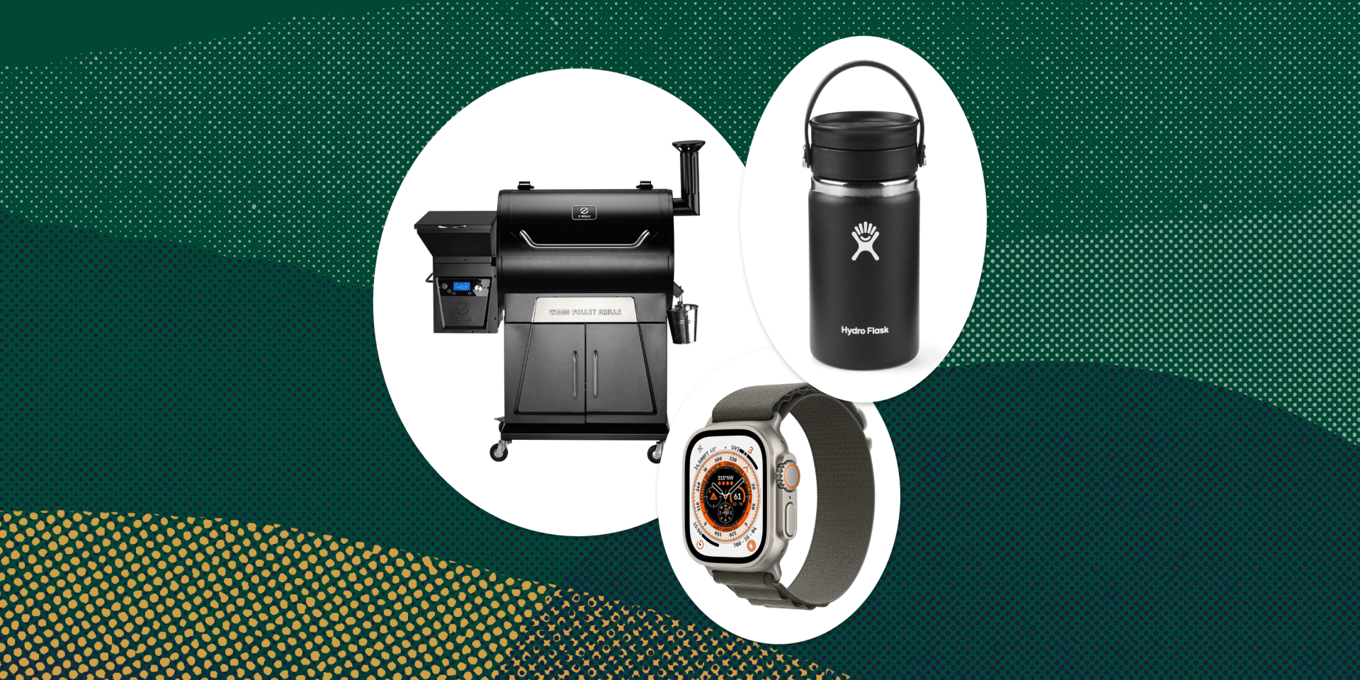 collage of a grill, a hydro flask, and an apple watch ultra