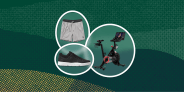collage of shorts, a shoe, and a pelaton