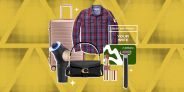 collage of a suitcase, flannel, necklace, purse, skincare tech tools, lipstick, and a gift card