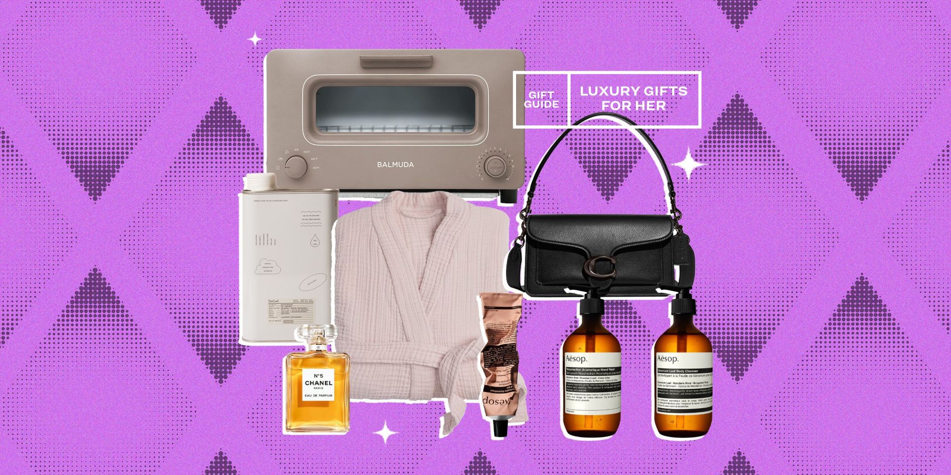 collage of a toaster, a robe, a purse, perfume, soap, and lotion