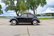 volkswagen beetle side profile in front of a lake