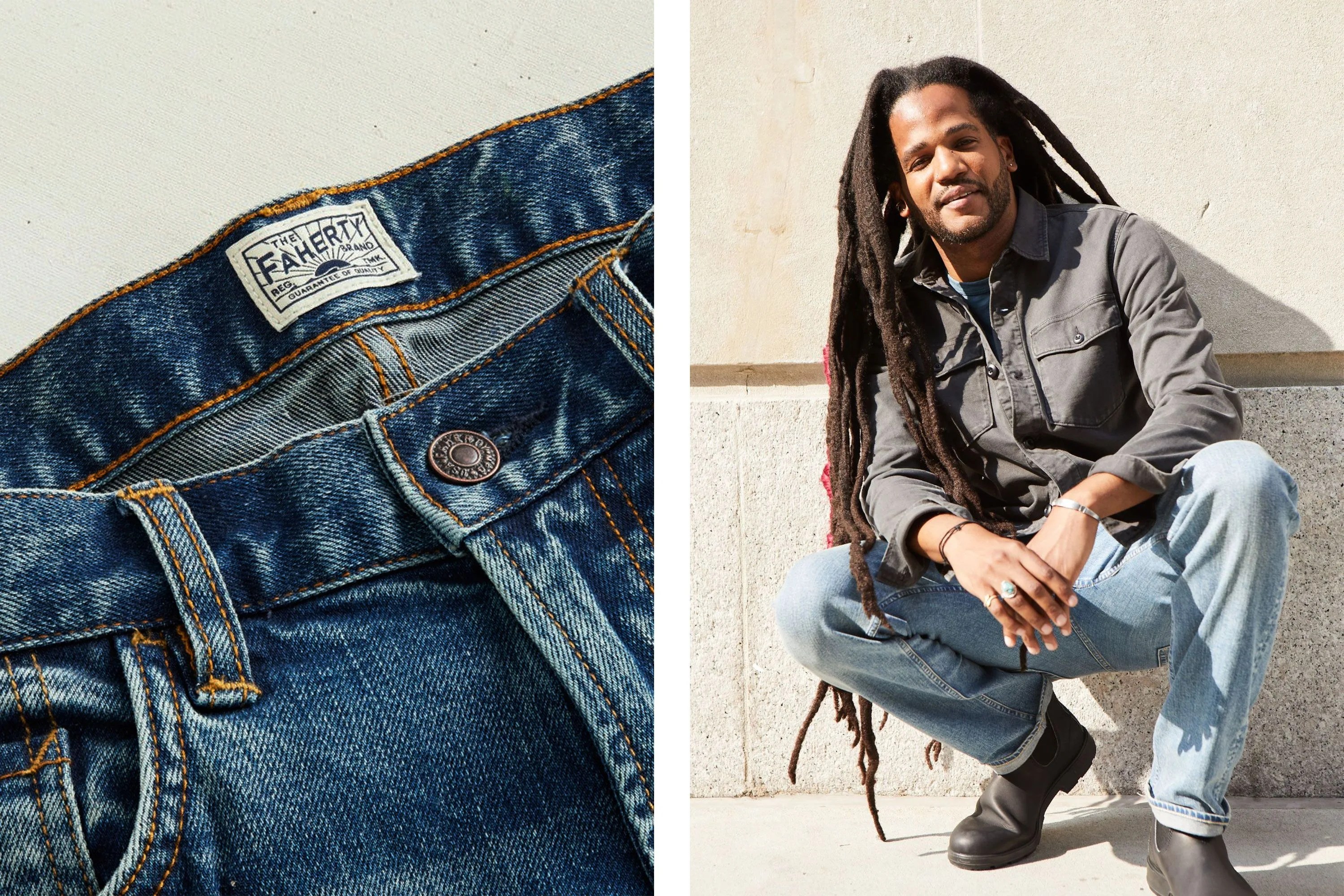 man wearing faherty jeans