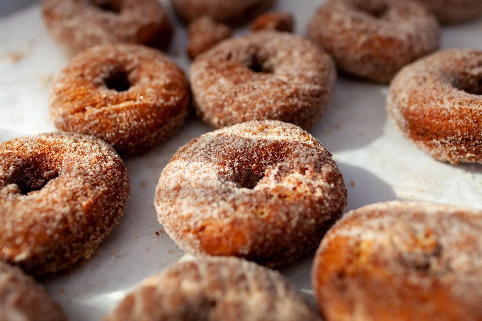 closeup of doughnuts on parchment paper
