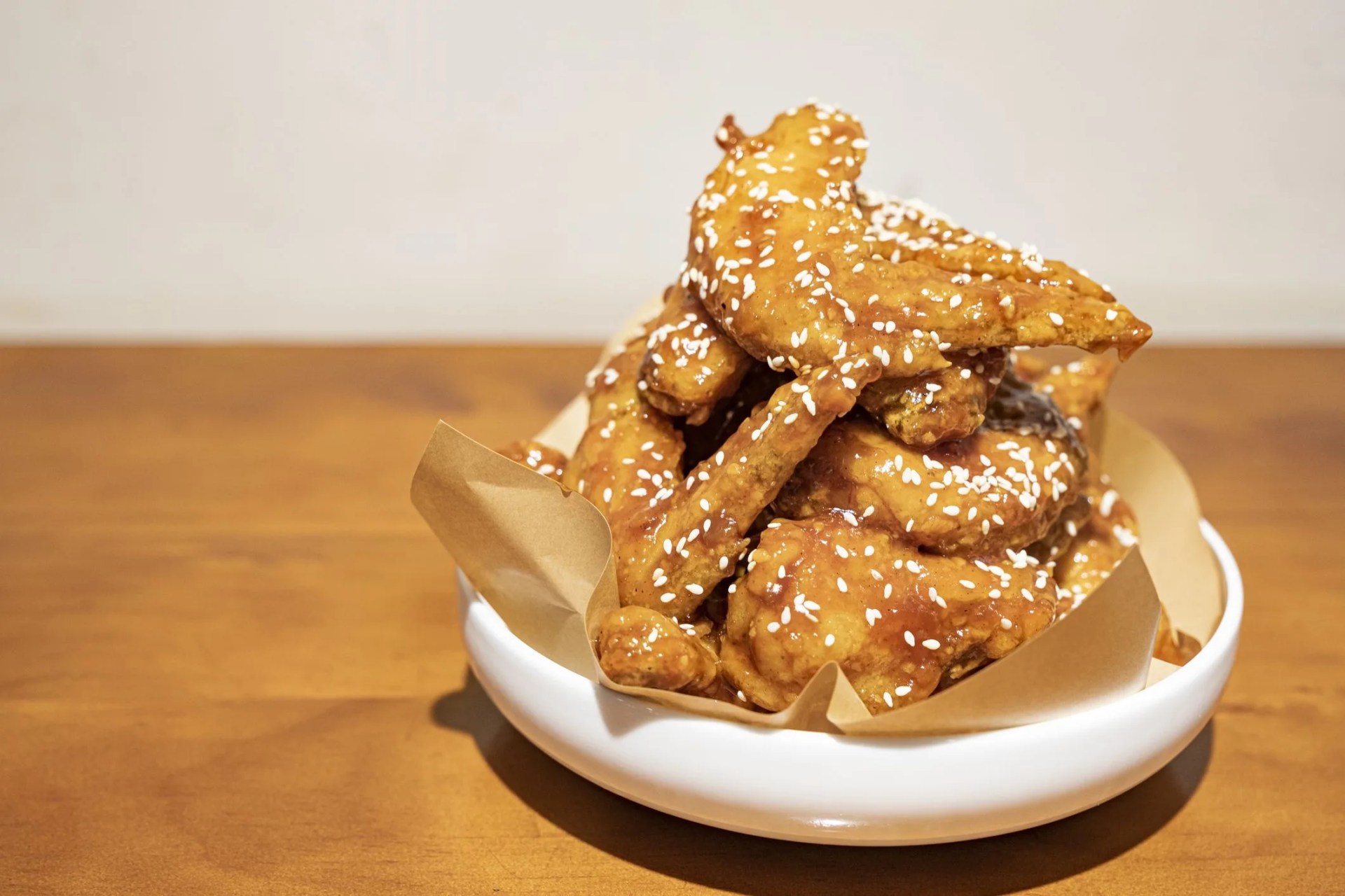 directly above shot of dakgangjeong korean fried chickens on table