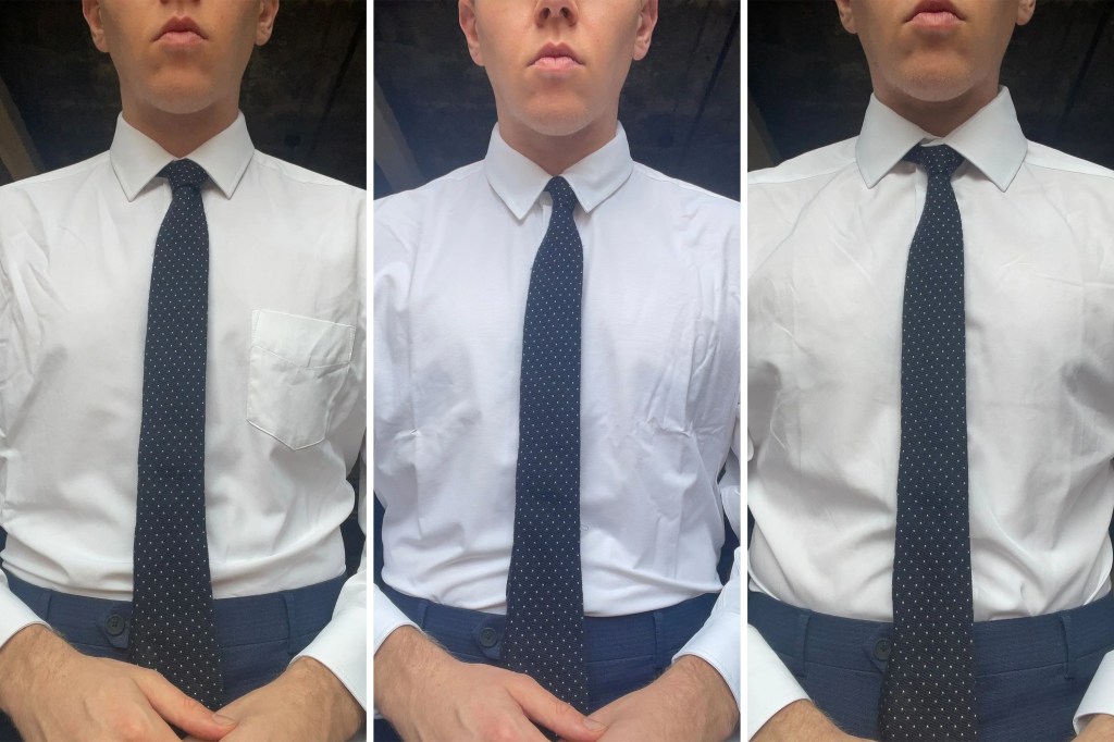 collage of a man wearing three white button down shirts with a tie