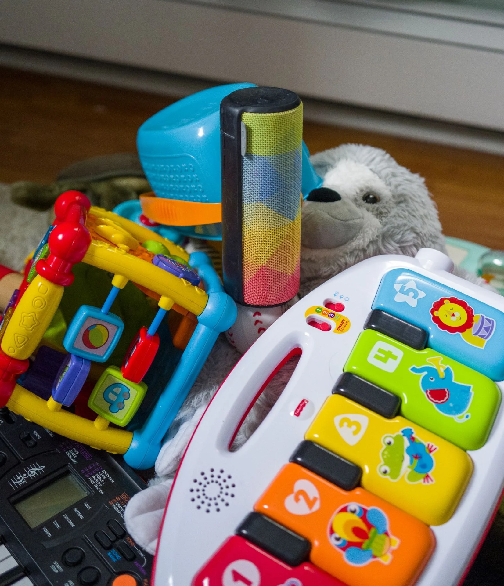 a ue boom on a pile of toys