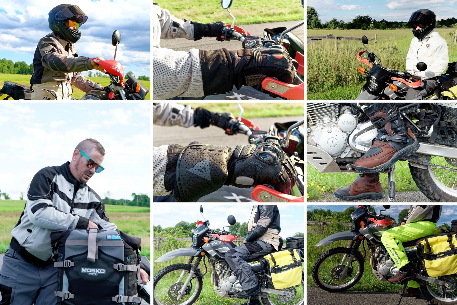 collage of men riding motorcycles wearing rain gear