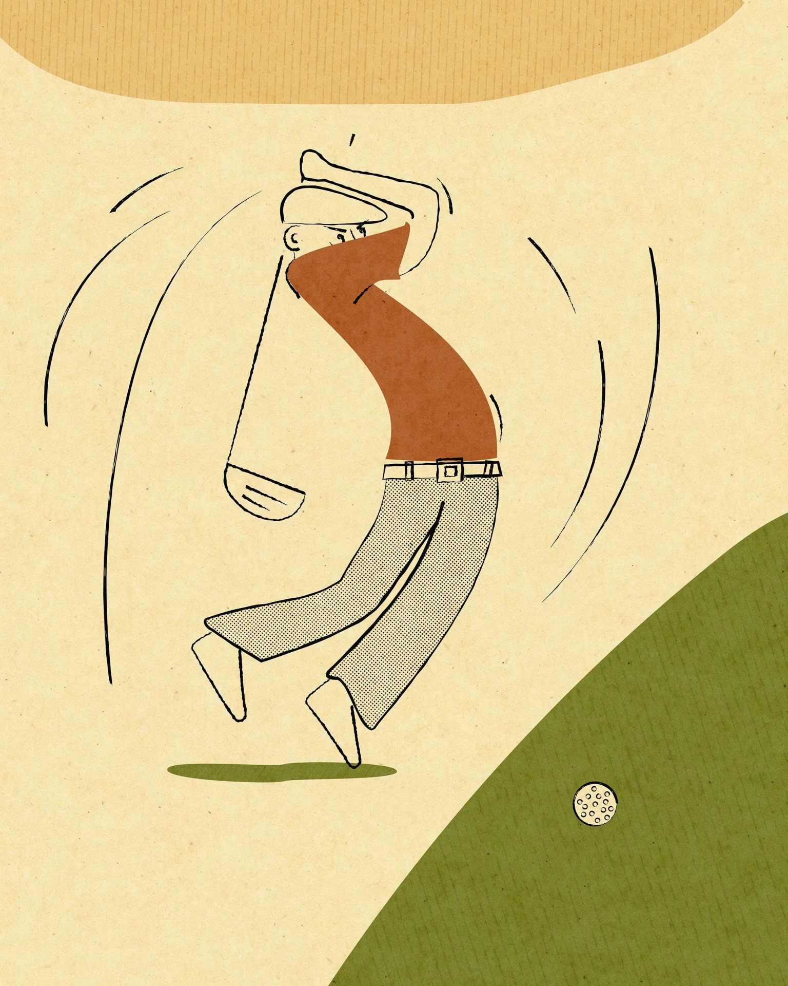 performance golf man attempting to swing golf club at golf ball and missing
