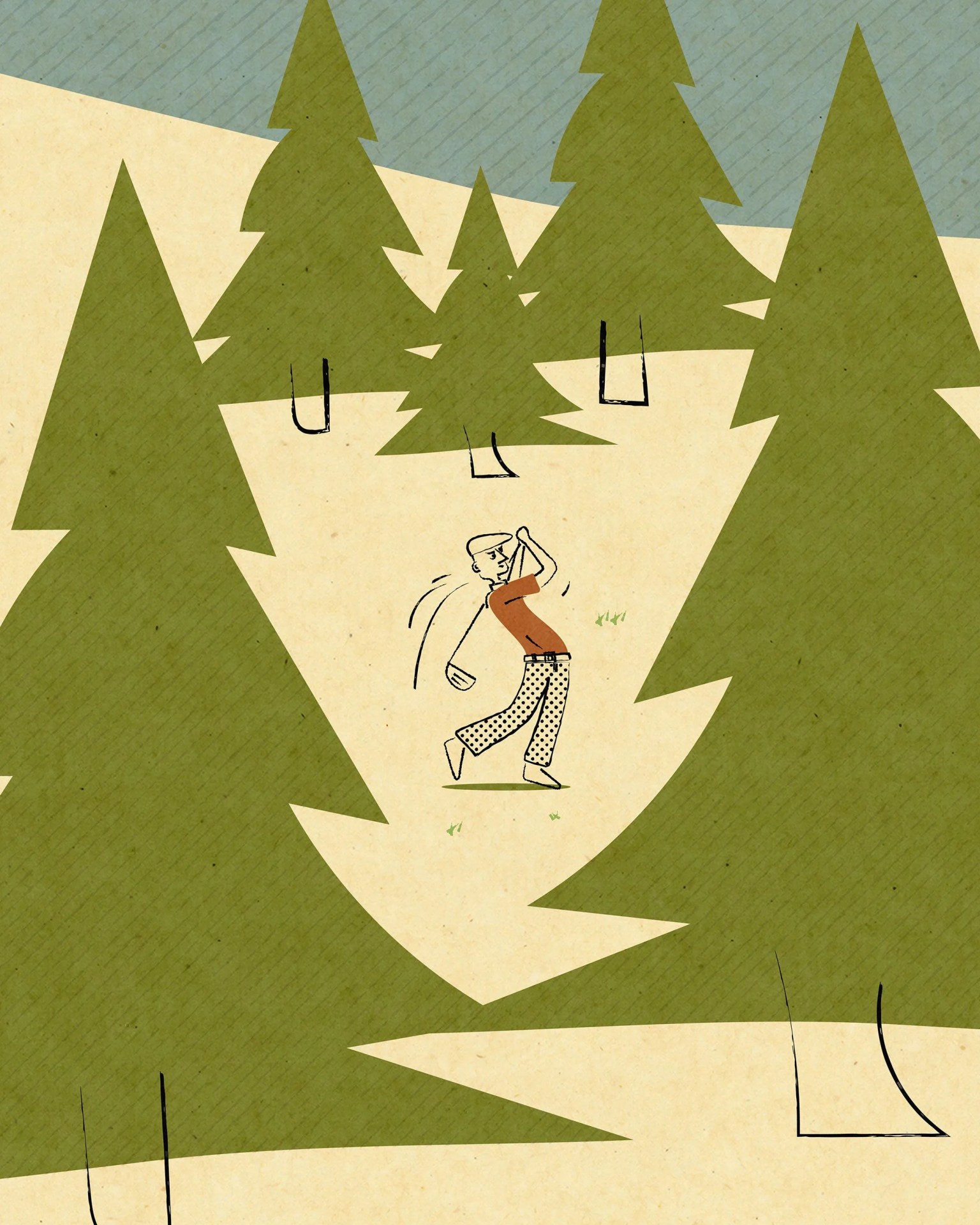 performance golf man swinging golf club lost in forest
