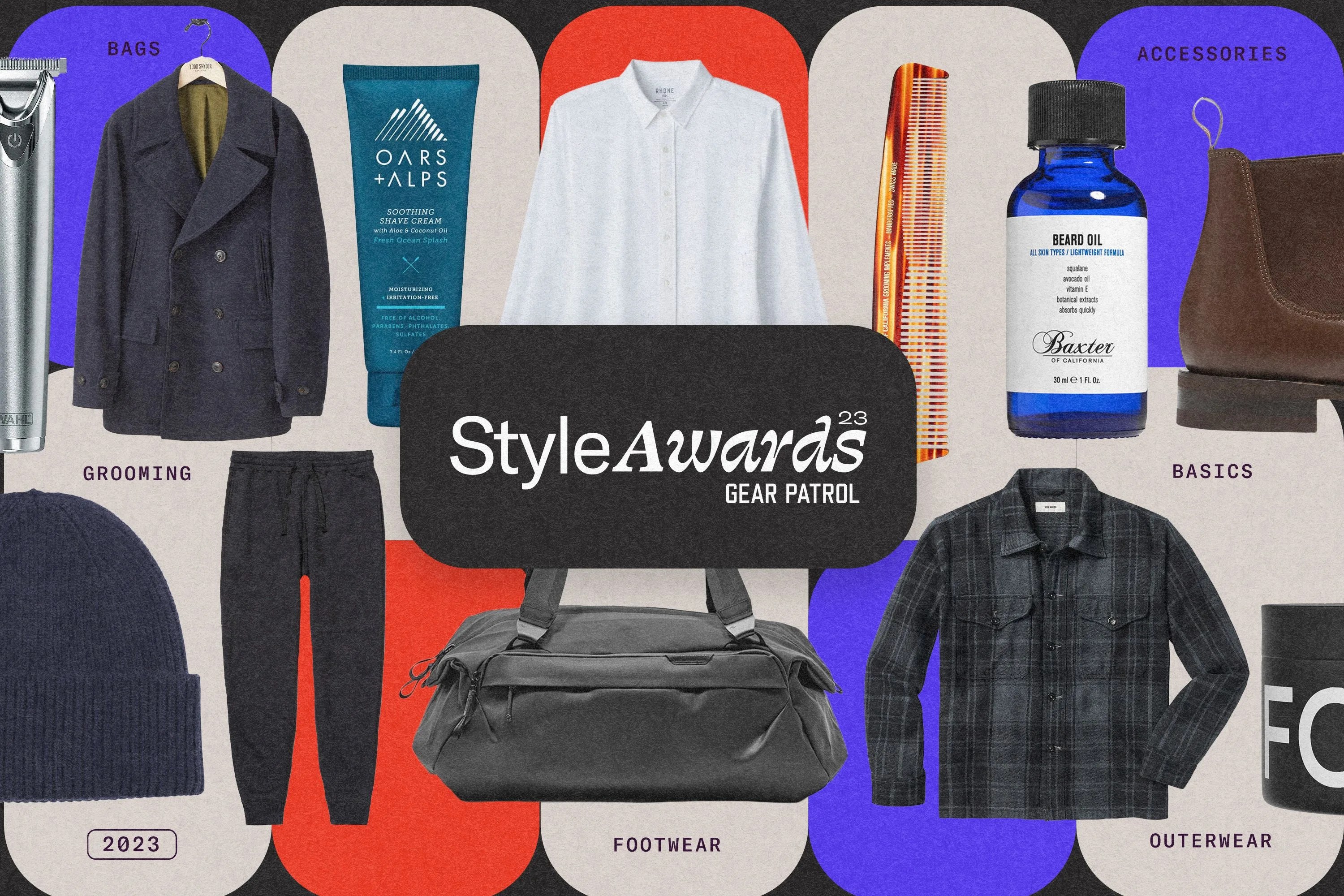 collage of apparel and accessories with a gear patrol style awards title badge front and center