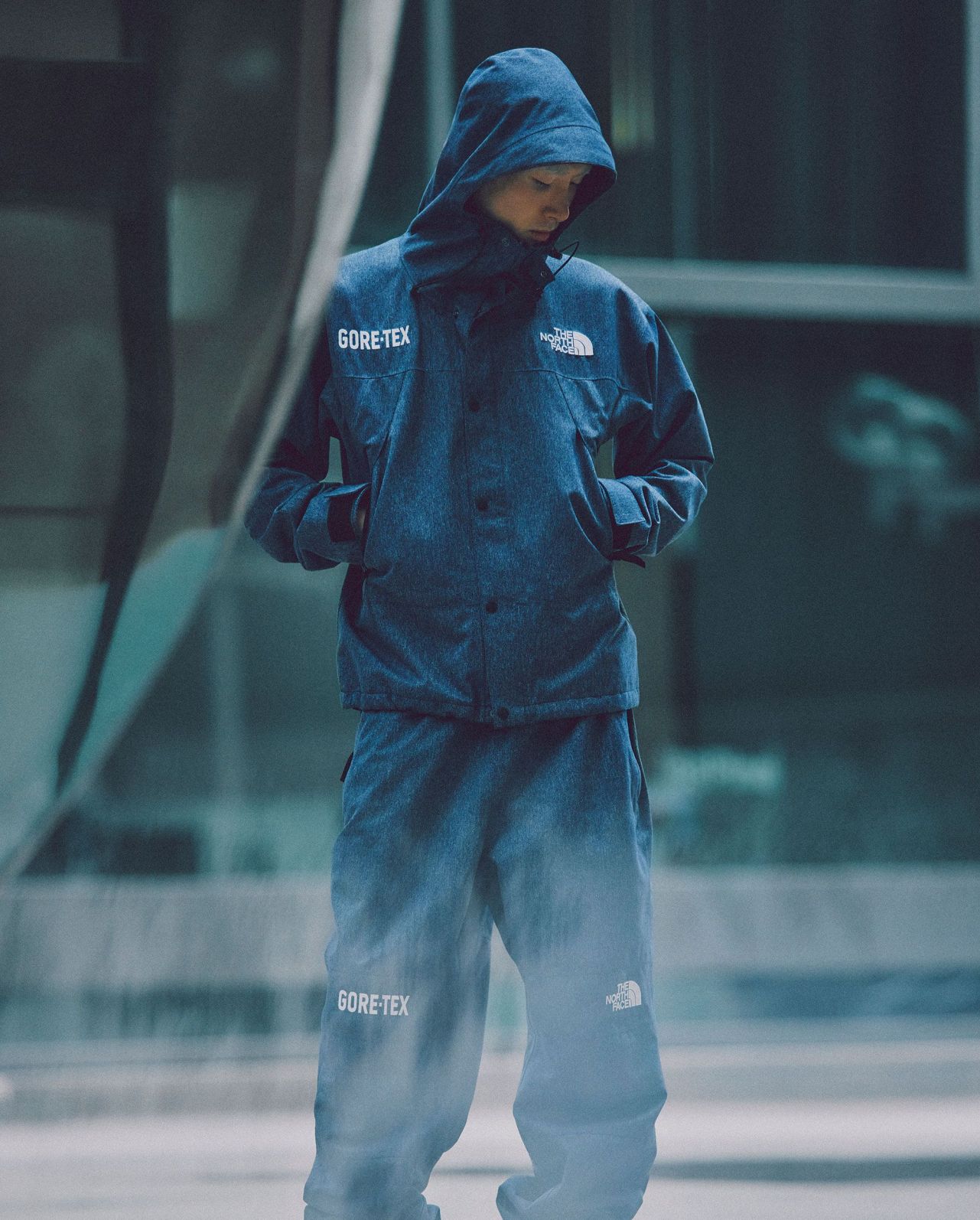 man wearing the north face denim collection