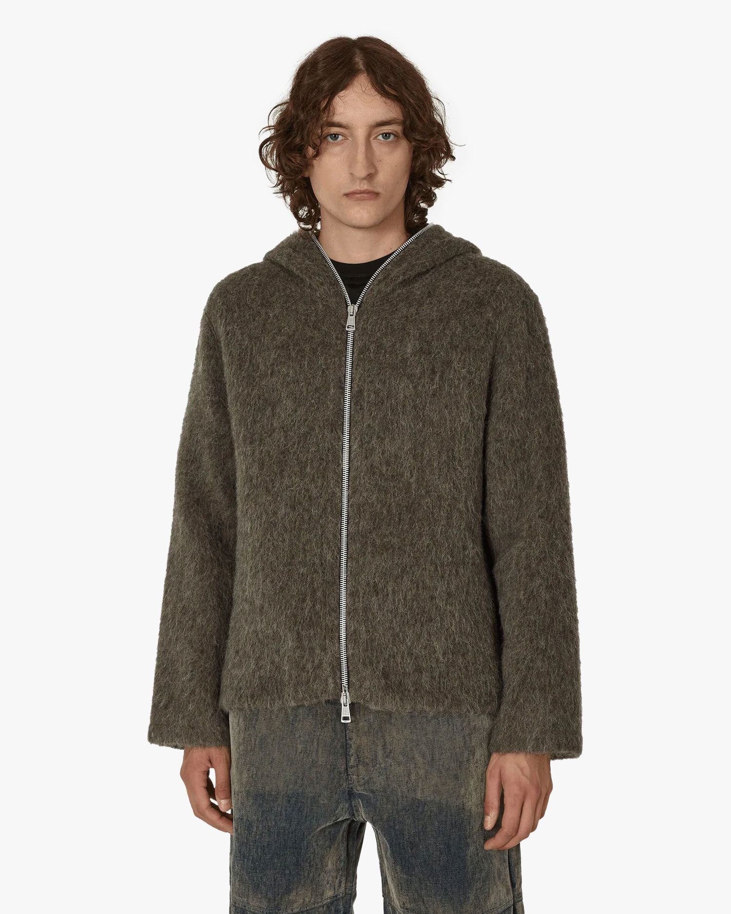 man wearing our legacy mohair full zip hoodie grey