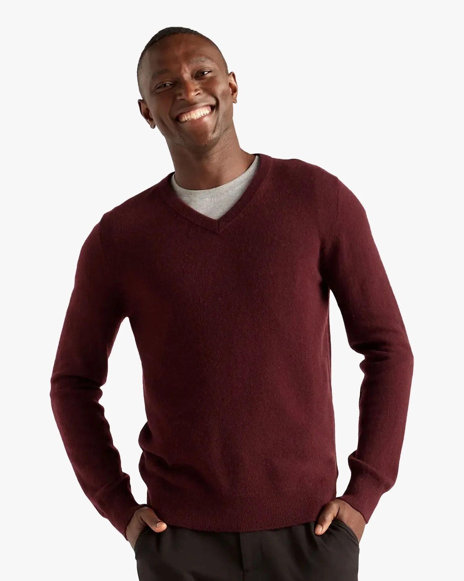man wearing quince mongolian cashmere v neck sweater