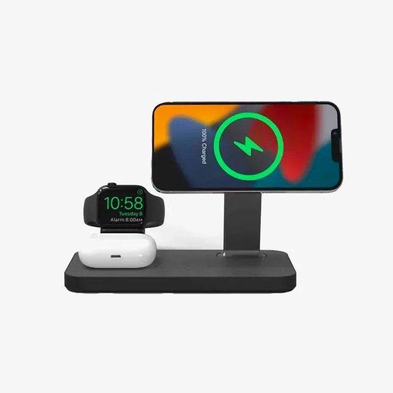 mophie snap 3 in 1, 15w wireless charger compatible with iphone14, magsafe, other qi enabled phones, airpods, adapter for smart watch apple or galaxy watch charger not included, attach your own