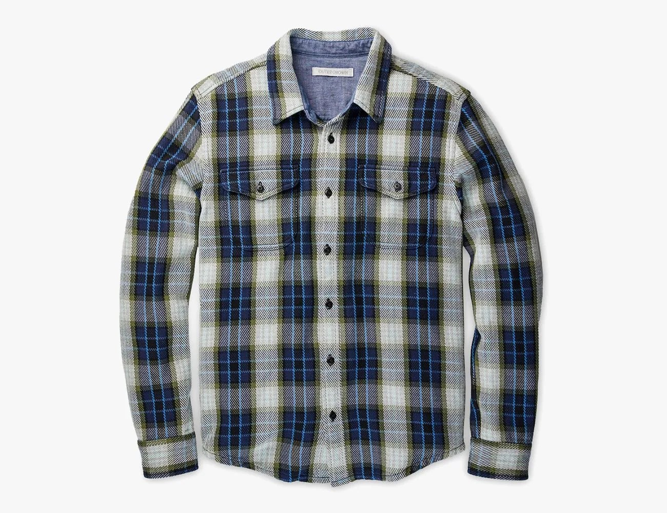 a blue and white plaid shirt