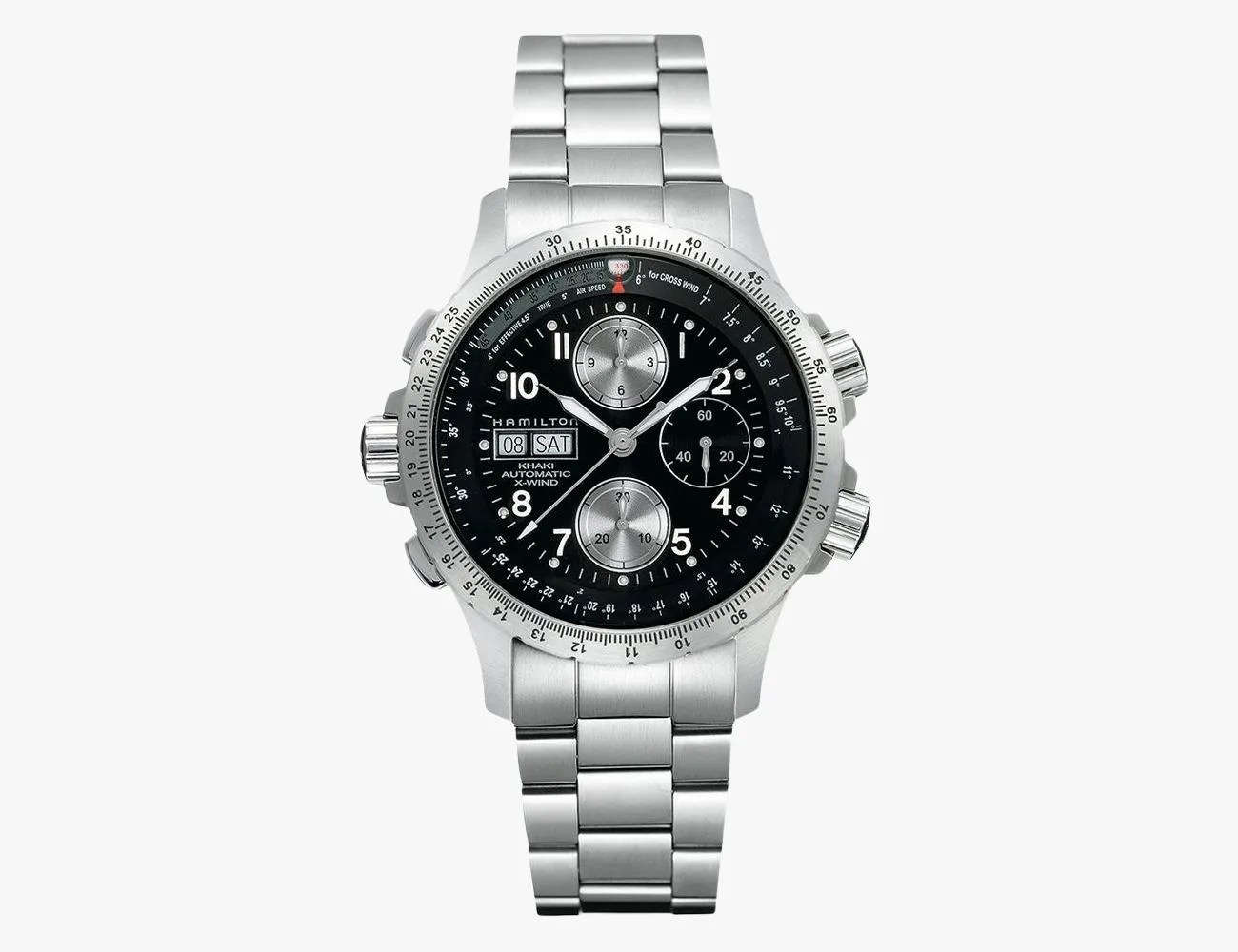 a silver watch with a black face