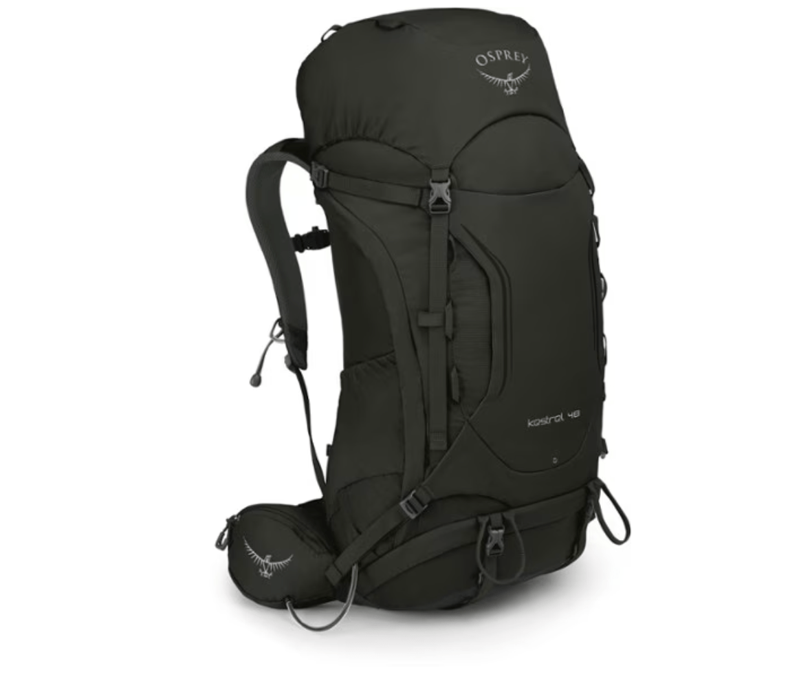 a black backpack with a strap