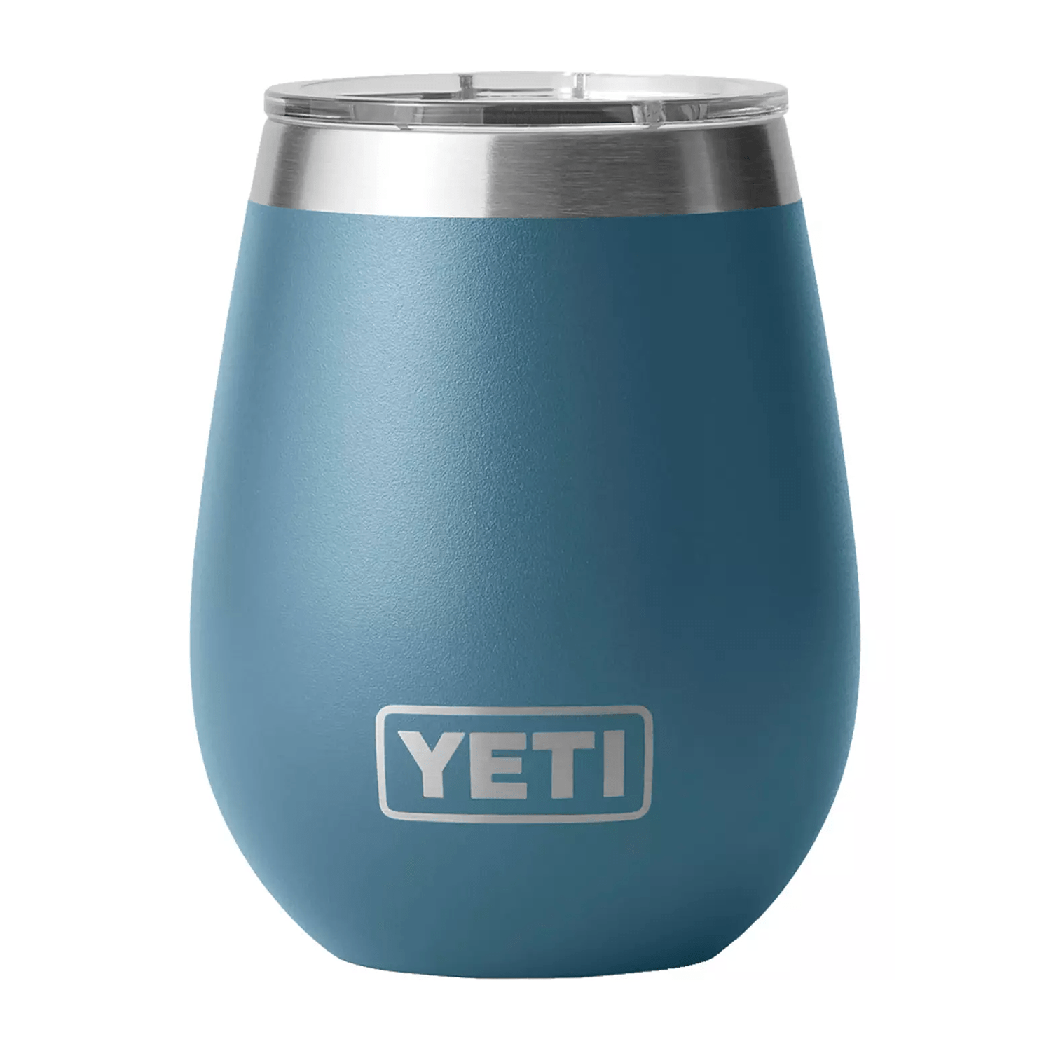 a blue stemless wine glass with a white label
