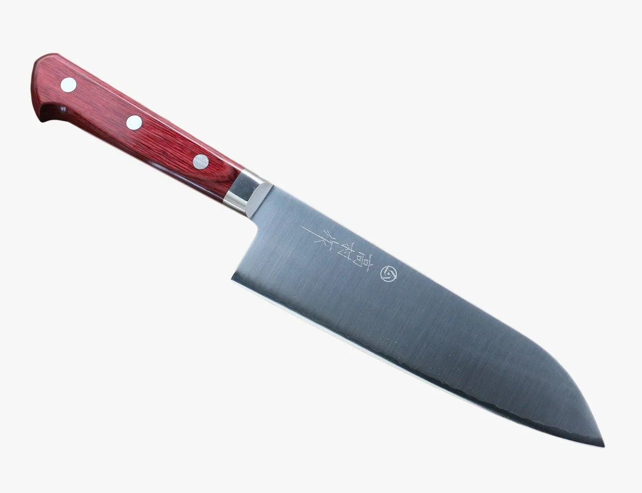 a knife with a red handle