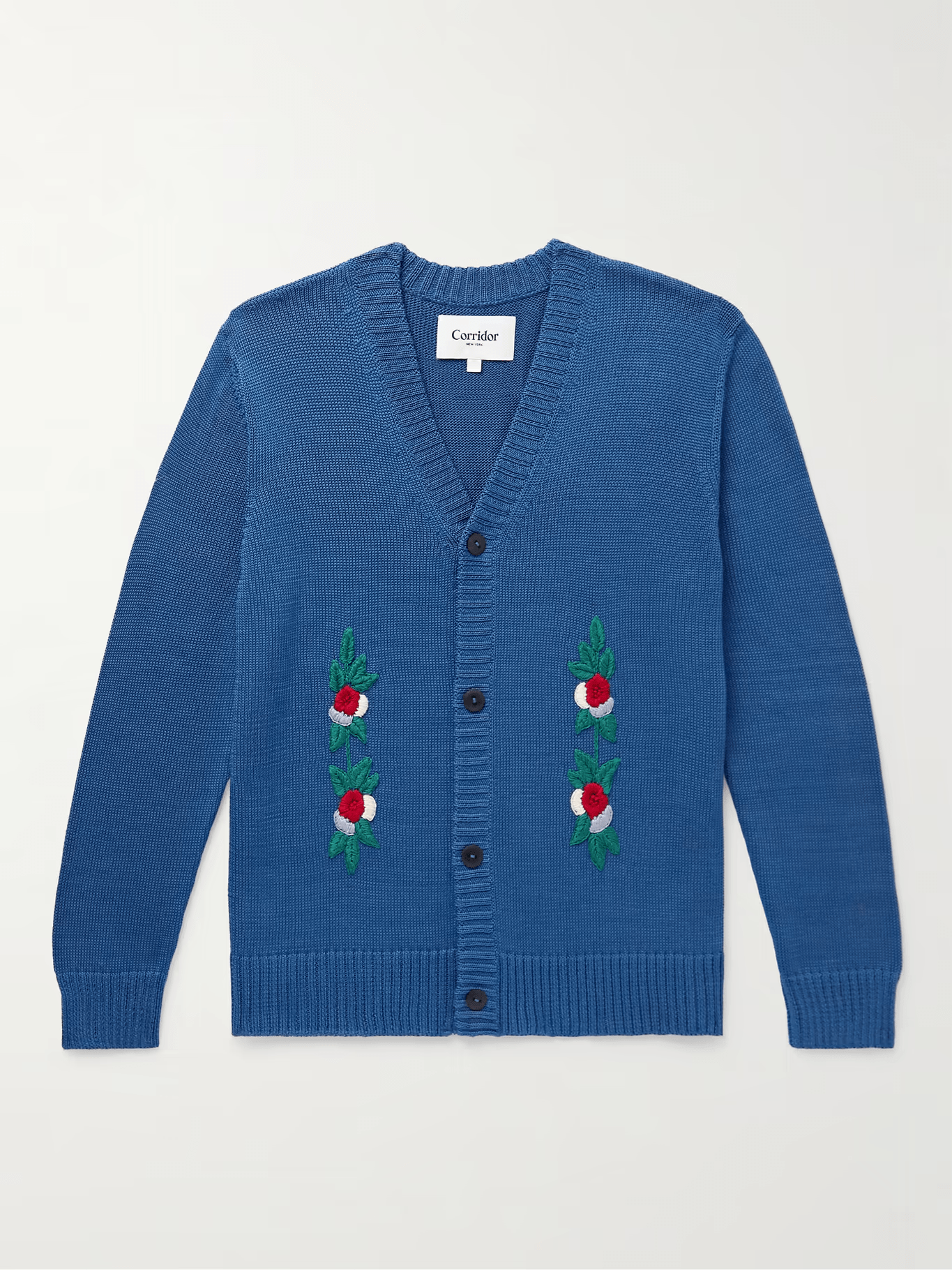 a blue and white sweater