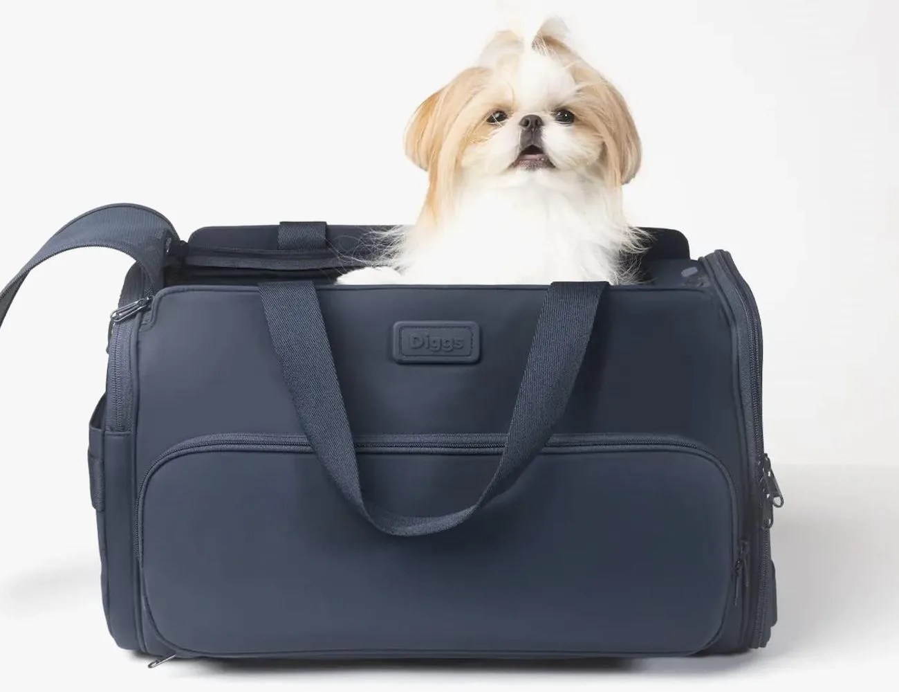 a dog sitting in a carrier