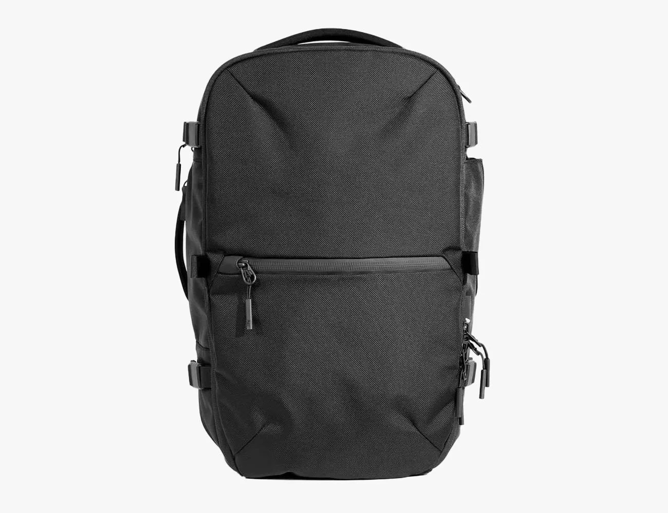 a black backpack with a strap