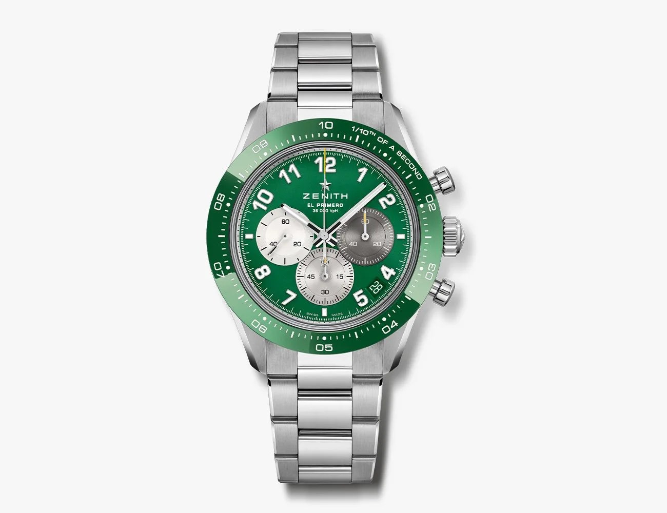 a silver and green watch