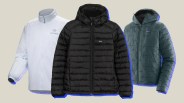 collage of three synthetic down jackets on a beige background