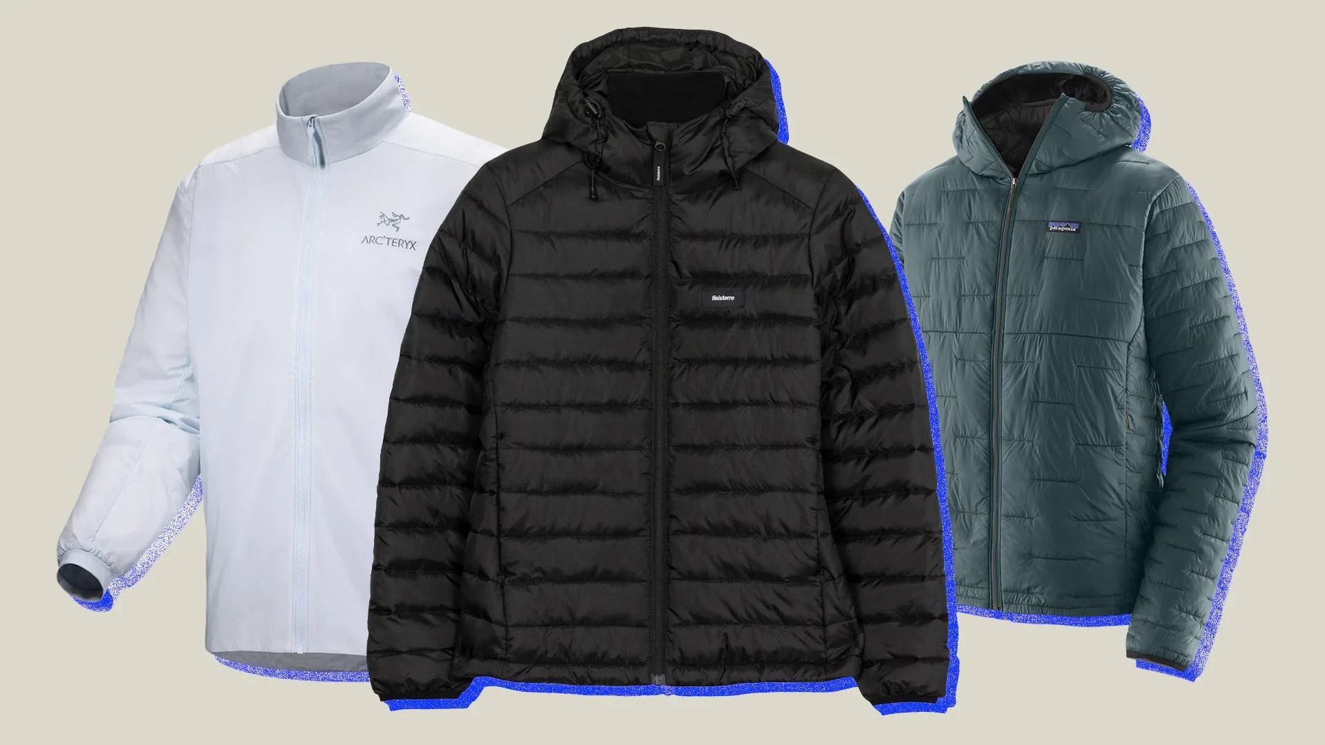 collage of three synthetic down jackets on a beige background