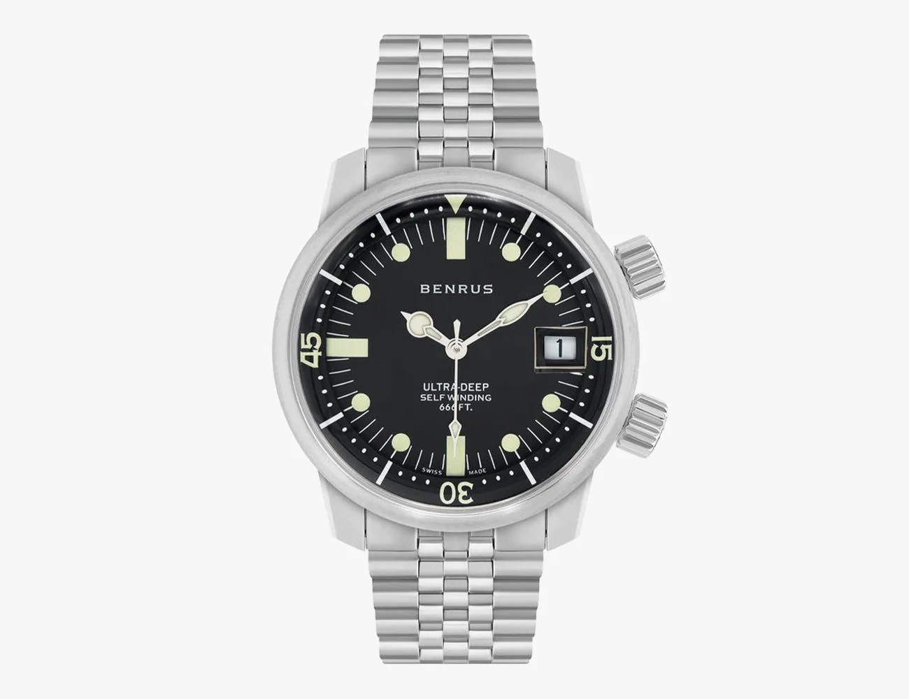 a silver watch with a black face