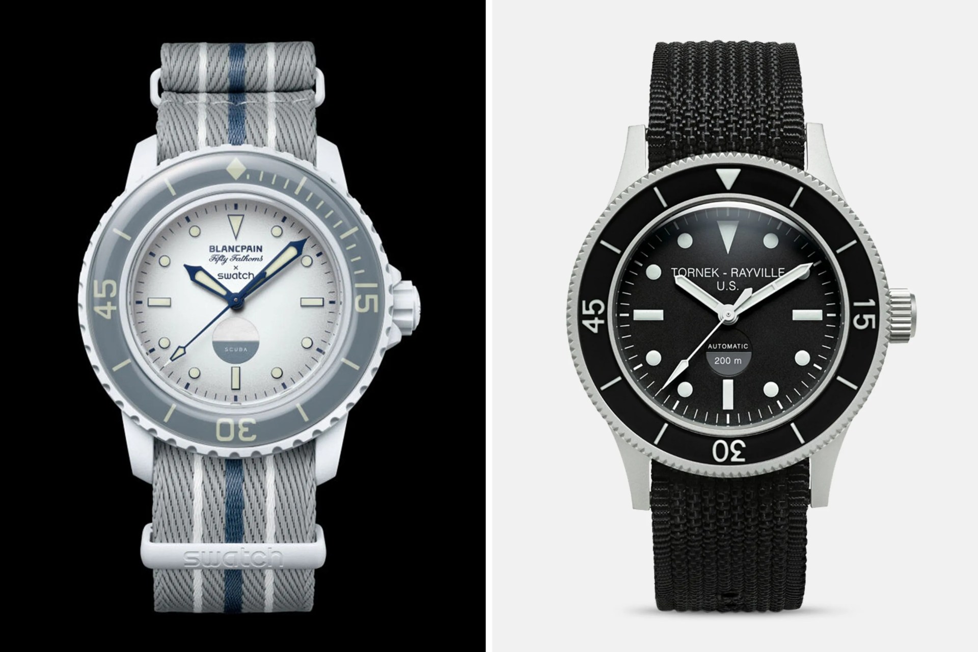 two watches side by side on black and gray backgrounds