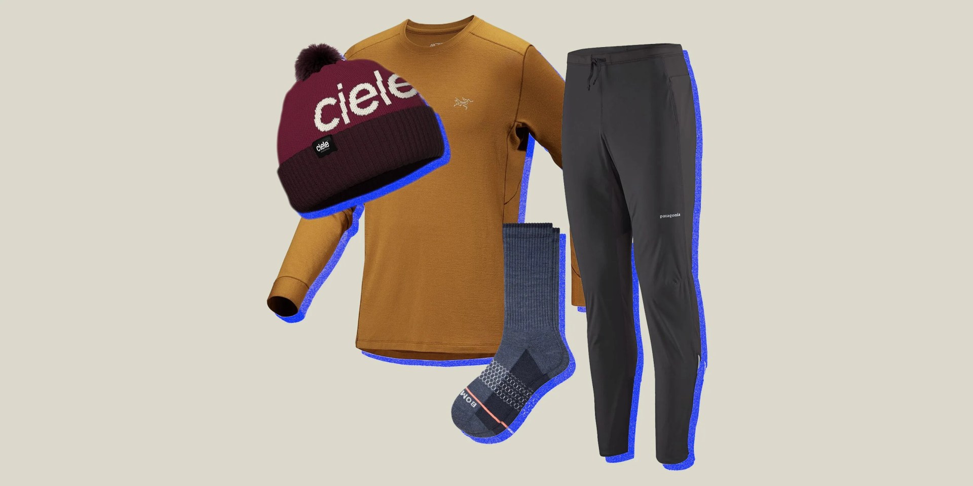 a collage of a long sleeved shirt, pants, socks, and a beanie