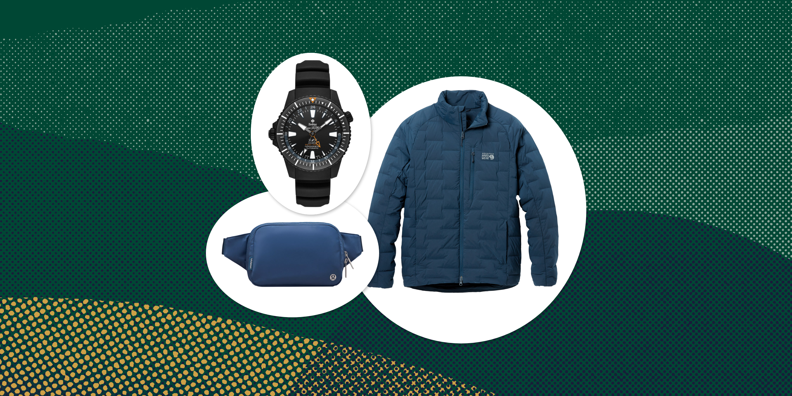 collage of a watch, a jacket, and a fanny pack