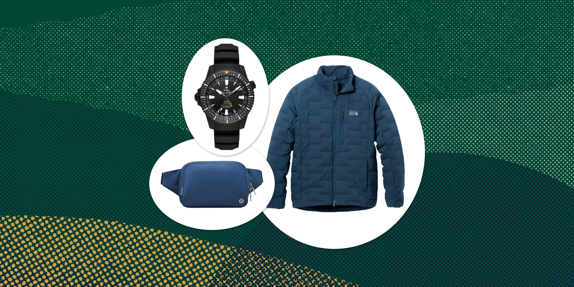 collage of a watch, a jacket, and a fanny pack