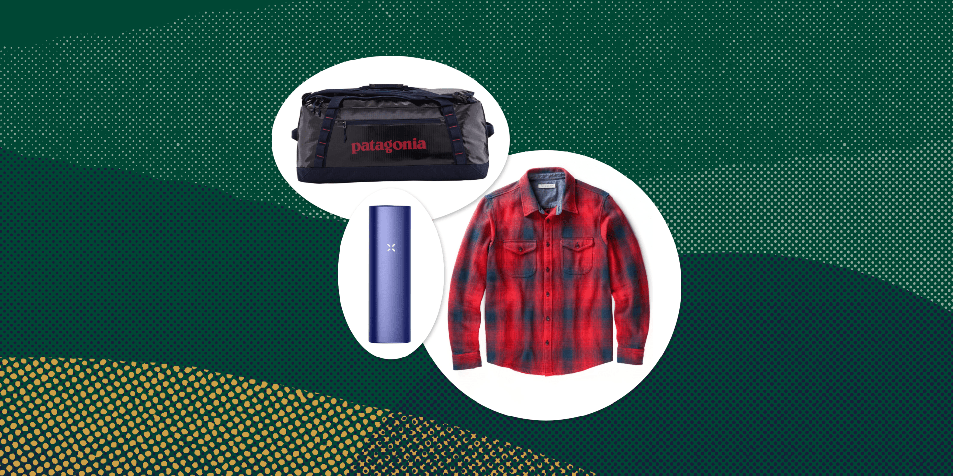 collage of a duffel bag, a flannel, and a vape