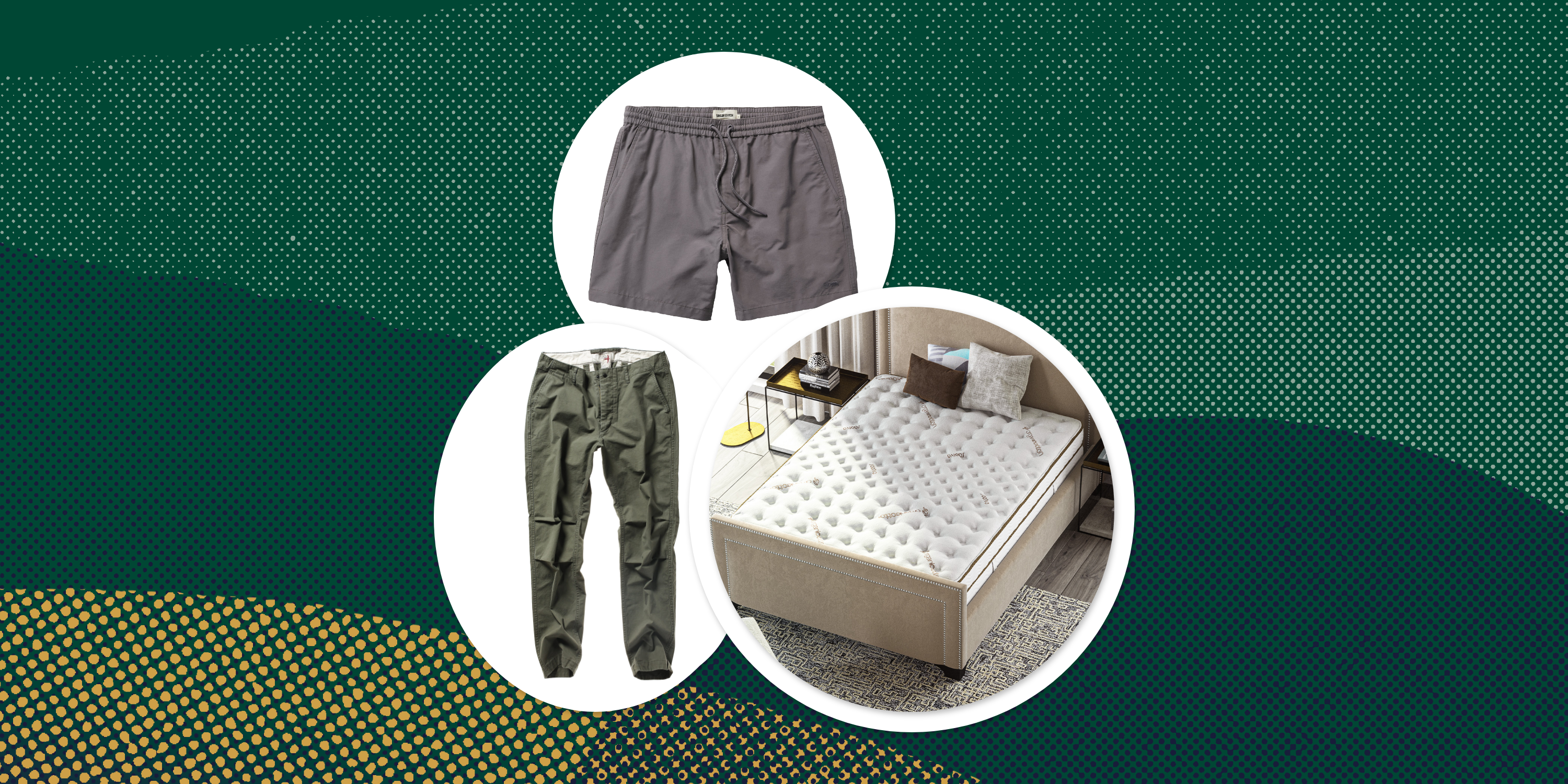 a collage of a mattress, shorts, and pants