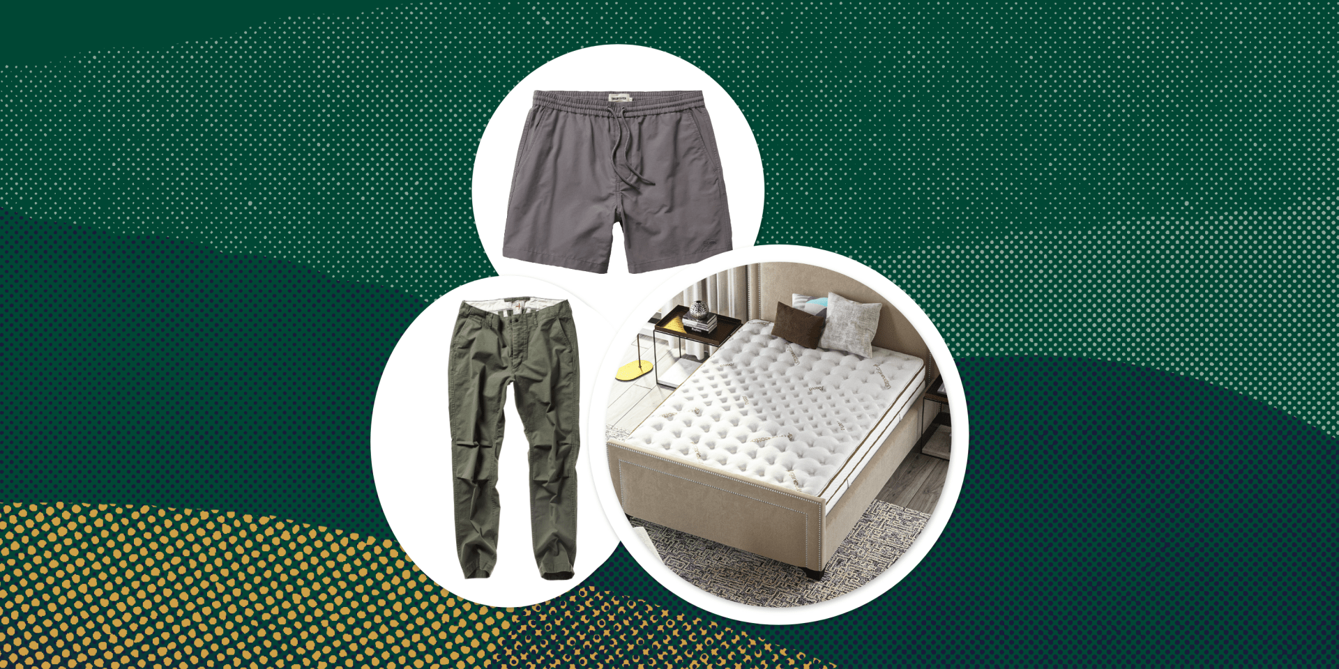 a collage of a mattress, shorts, and pants